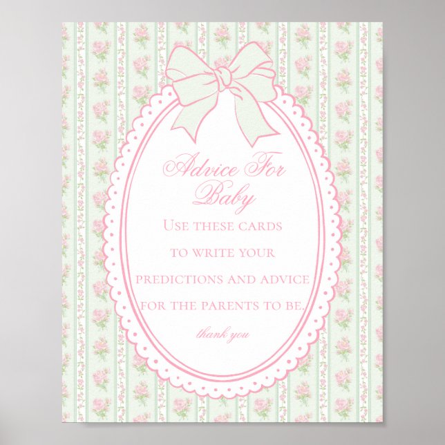 Poster Green Vintage Fancy Floral Advice for Baby Shower (Devant)