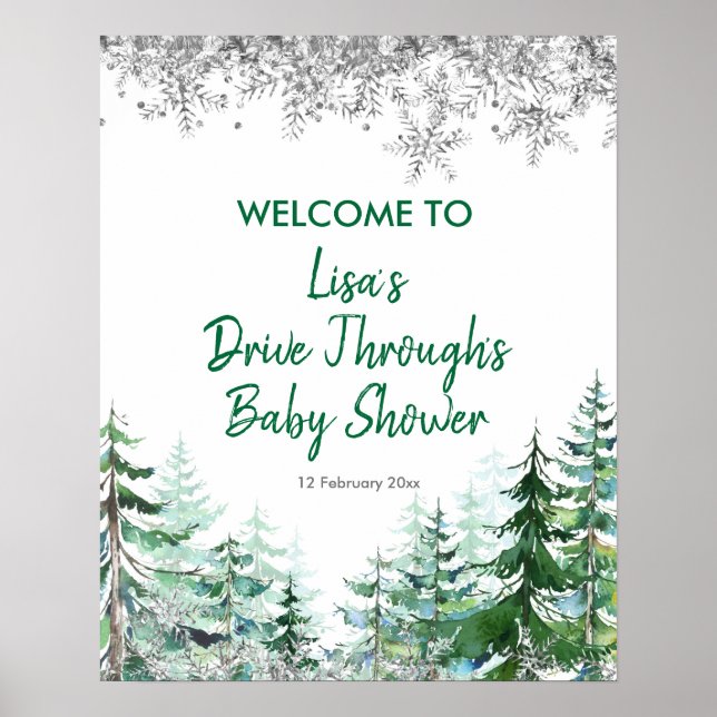 Poster Green Winter Forest Drive par Baby shower (Devant)