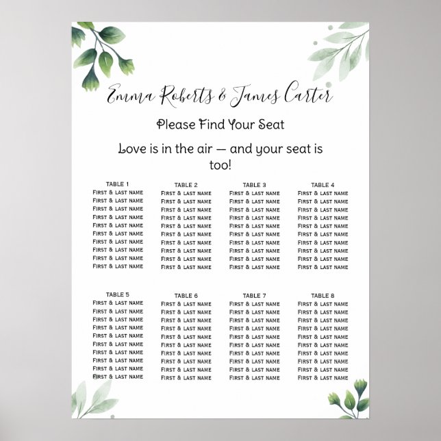 Poster Greenery Elegant Wedding Seating Chart (Devant)