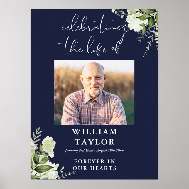 Poster Greenery Navy Blue Celebration Of Life Photo (Devant)