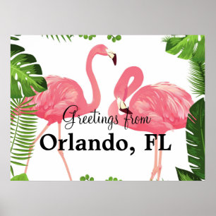 Poster Greetings from Orlando, FL--pink flamingos