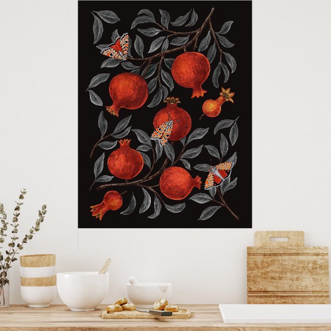 Poster Grenades et papillons Bella en rouge et gris (Cuisine)