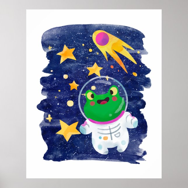 Poster Grenouille Espace Extérieur Astronaute Comète Étoi (Devant)