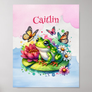 Poster Grenouille personnalisée, fleurs et papillons