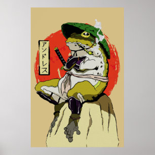 Poster Grenouille Samurai avec soleil rouge esthétique