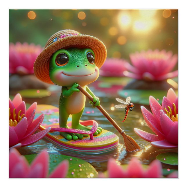 Poster Grenouille sur un tonneau dans un étang (Devant)