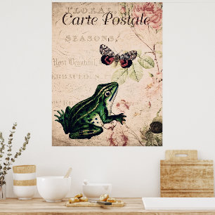 Poster Grenouille vintage et papillon Floral français