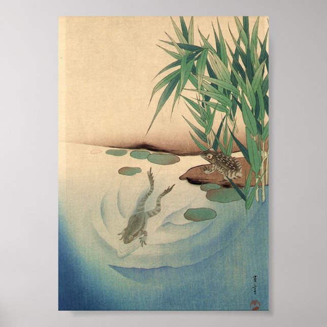 Poster Grenouilles dans un étang, art japonais vers les a (Devant)