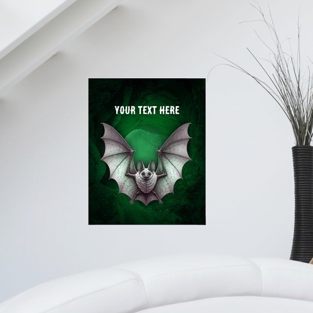 Poster Grey Bat Wings Spread Spooky Green Cave Black (Eerie flying grey bat glowing green black caves with trees on artwork poster.)