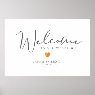 Poster Grey Whimsical Bienvenue Mariage Orange Heart