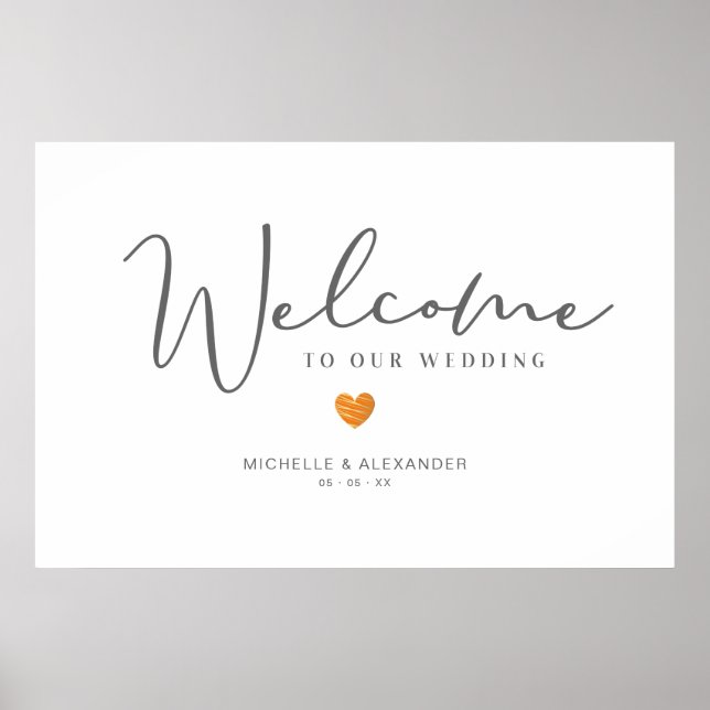 Poster Grey Whimsical Bienvenue Mariage Orange Heart (Devant)