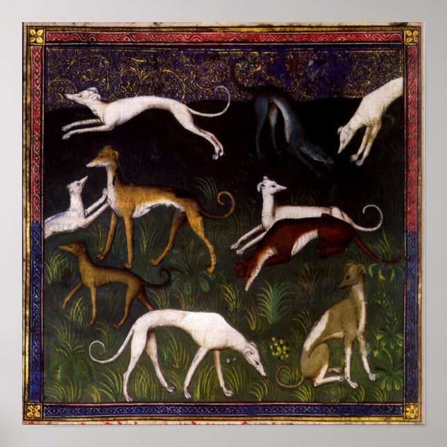 Poster Greyhounds médiéval dans les bois profonds (Devant)