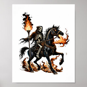 Poster Grim Reaper Skeleton équitation Horse Flames
