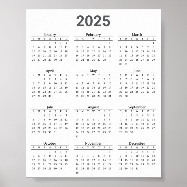Poster Gris et blanc 2025 Année à un coup d'oeil Calendri (Devant)