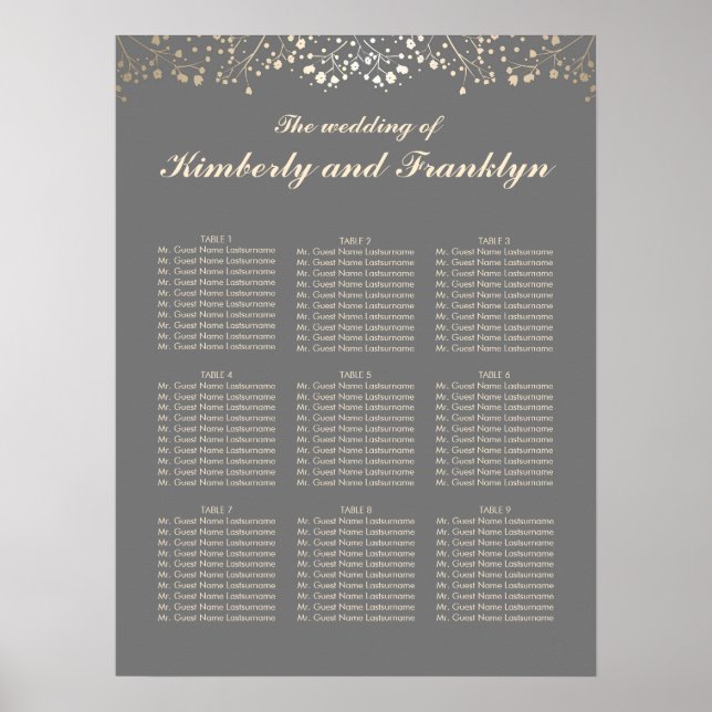 Poster Gris et Gold Baby's Breath Mariage Seating Chart (Devant)