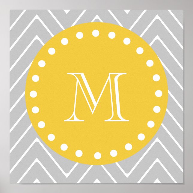 Poster Gris et jaune moderne Chevron Personnalisé Monogra (Devant)
