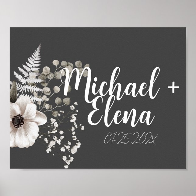 Poster Gris foncé et blanc mur Mariage floral Imprimer (Devant)
