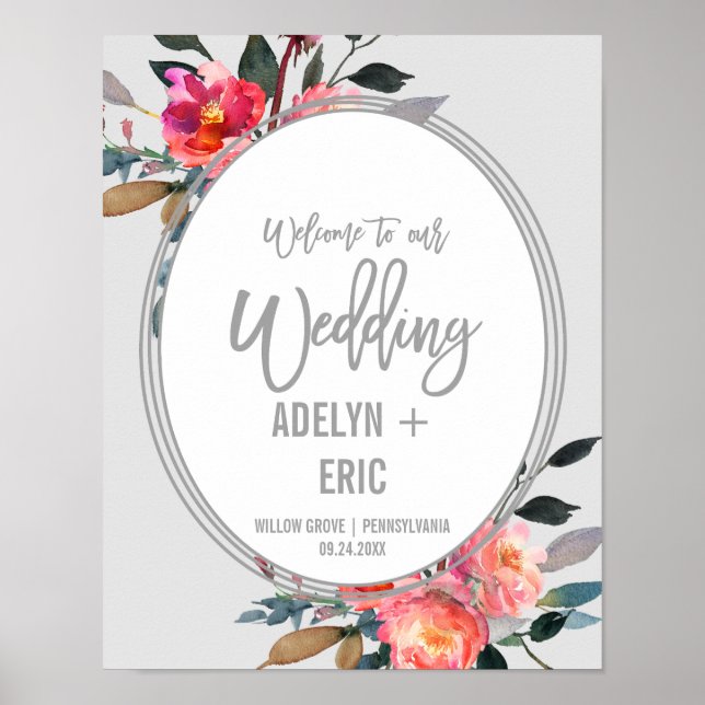 Poster Gris moderne | Accueil du Mariage de fleurs d'hive (Devant)