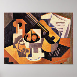 Poster Gris - Plat de guitare et de fruits sur une table