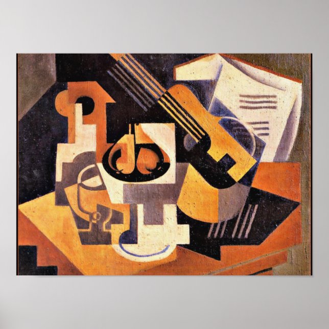 Poster Gris - Plat de guitare et de fruits sur une table (Devant)