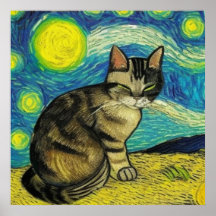 Gris Tabby Chat Starry Nuit Art Van Gogh