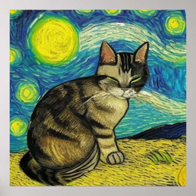 Poster Gris Tabby Chat Starry Nuit Art Van Gogh (Devant)