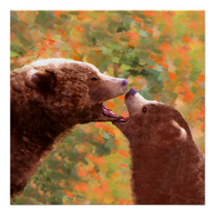 Poster Grizzly Bear Mom and Cub Painting - Wildlife Art