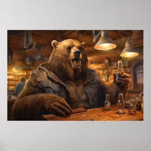 Poster Grizzly Oear Animal Fun Boire Joyeux Temps De Rela
