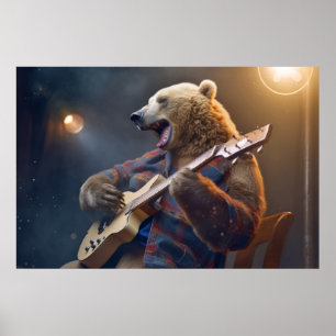 Poster Grizzly Oear Animal Fun Jouer Guitare Joyeux Temps