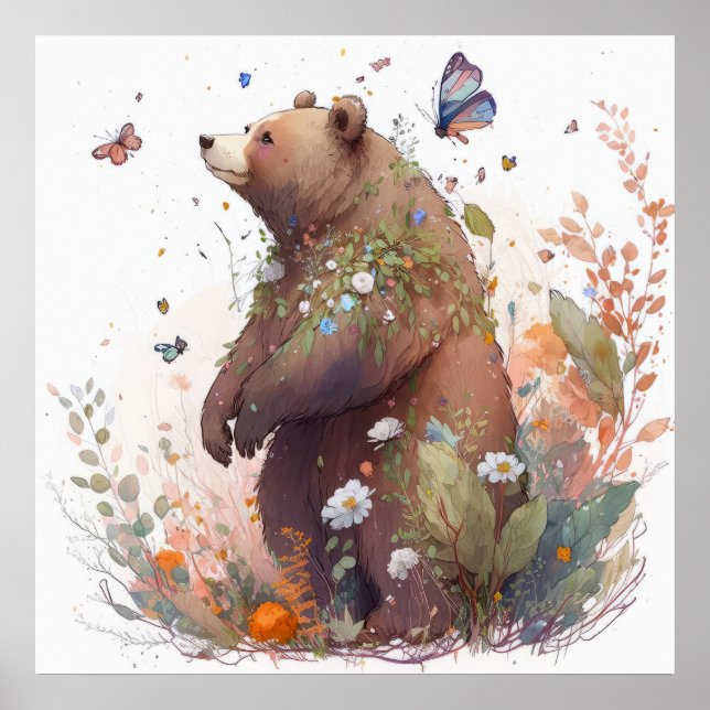 Poster Grizzly Oear Portrait Animal Peinture Faune Art (Devant)