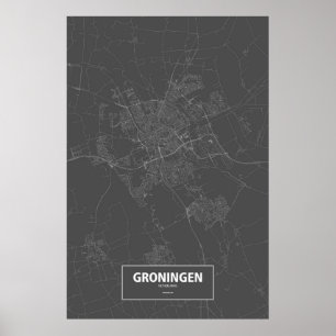 Poster Groningue, Pays-Bas (blanc sur noir)