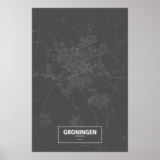 Poster Groningue, Pays-Bas (blanc sur noir) (Devant)
