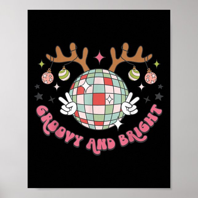 Poster Groovy And Bright Merry Christmas Disco Ball Reind (Devant)