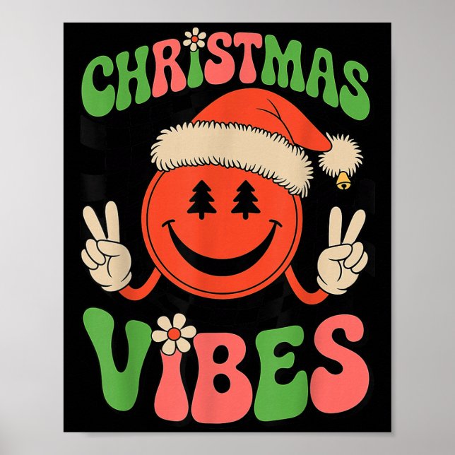 Poster Groovy Christmas Vibes Smile Face Santa Hat Xmas T (Devant)