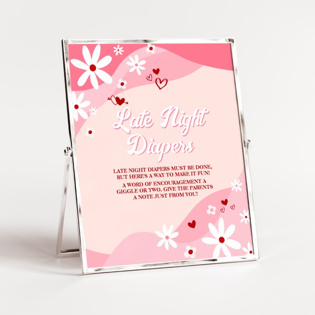 Poster Groovy Valentine Baby Shower Late Night Diapers (Retro Sweetheart Baby Shower Late Night Diapers Signs)