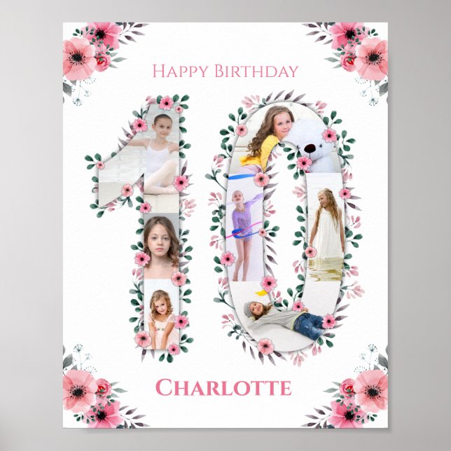 Poster Gros 10e anniversaire fille photo Collage Fleur ro (Devant)