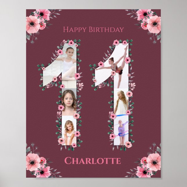 Poster Gros 11e anniversaire fille photo Collage Fleur ro (Devant)