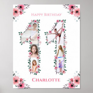 Poster Gros 11e anniversaire fille photo Collage Fleur ro