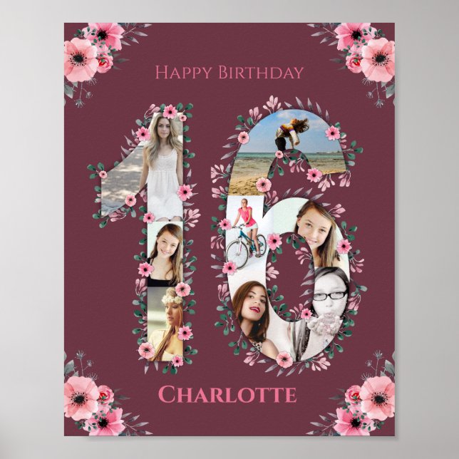 Poster Gros 16e anniversaire Fille rose Collage photo (Devant)