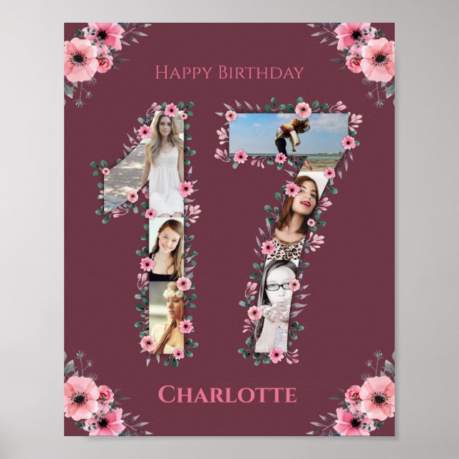 Poster Gros 17e anniversaire Fille rose Collage photo (Devant)