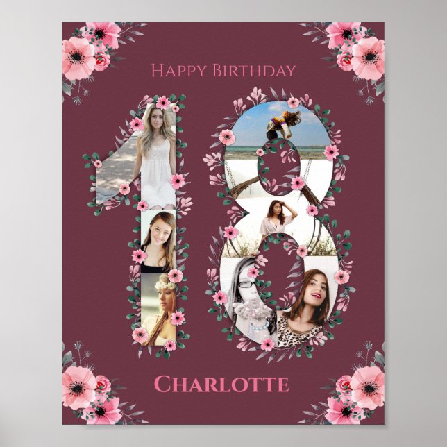Poster Gros 18e anniversaire Fille rose Collage photo (Devant)