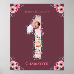 Poster Gros 1er anniversaire fille photo Collage Fleur ro