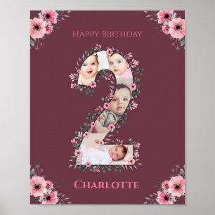 Poster Gros 2e anniversaire fille photo Collage Fleur ros