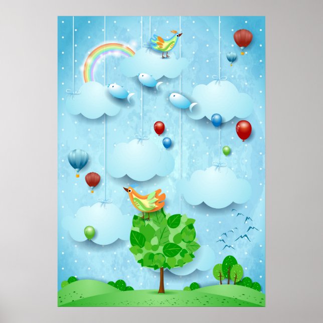 Poster Gros arbre et poissons volants (Devant)