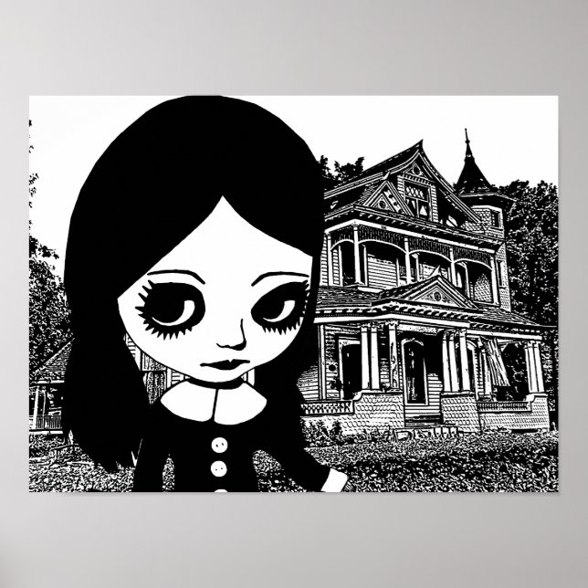Poster Gros oeil Goth girl Maison hantée Art original (Devant)