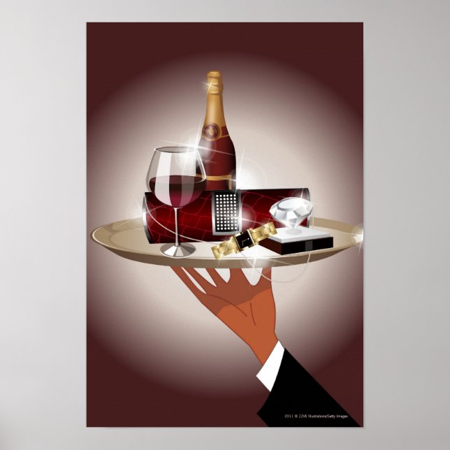 Poster Gros plan de la main d'un serveur tenant un platea (Devant)