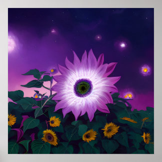 Poster Gros tournesol violet en champ