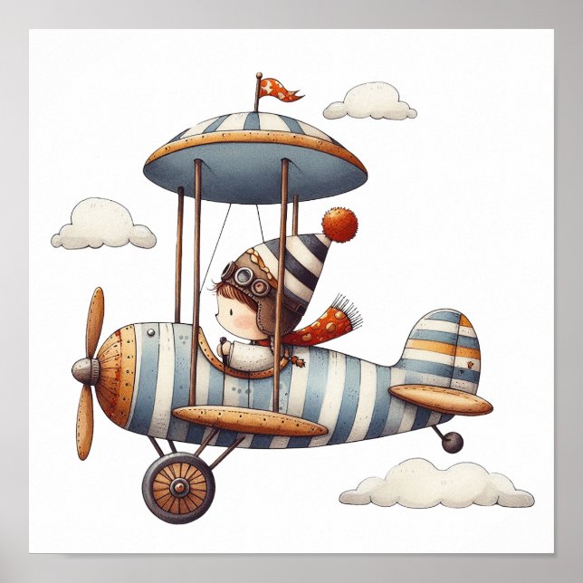 Poster Grossiste Whimsical Art Enfant Voler Vieux Avion (Devant)