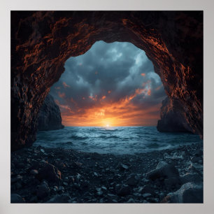 Poster Grotte de la mer du coucher du soleil - Mur côtier