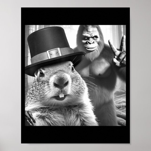 Poster Groundhog Taking Selfie With Bigfoot Funny Groundh (Devant)